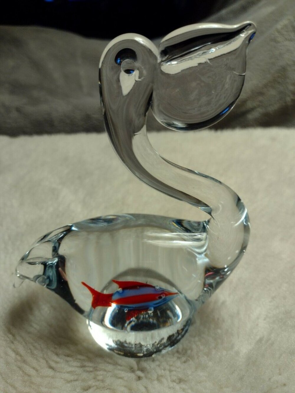 Hand Blown Art Glass Pelican With Fish in Belly Sculpture Figurine 6 Inches